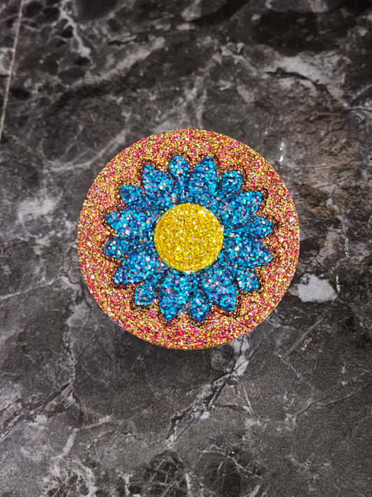 Glitter Phone Pop With Blue Flower & Gold Center